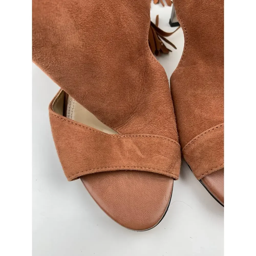 BCBGMaxAzria Brown Suede Heels Booties Open Toe Tassel Lace Up Women's 36 US 6